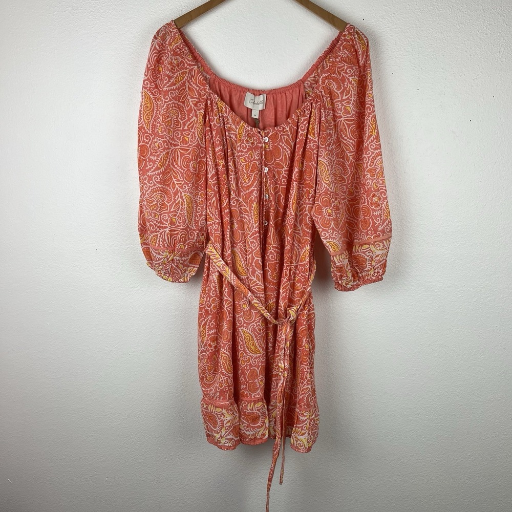 Cleobella Medium Floral Mini Dress Button Up Belted Floral Orange Organic Boho